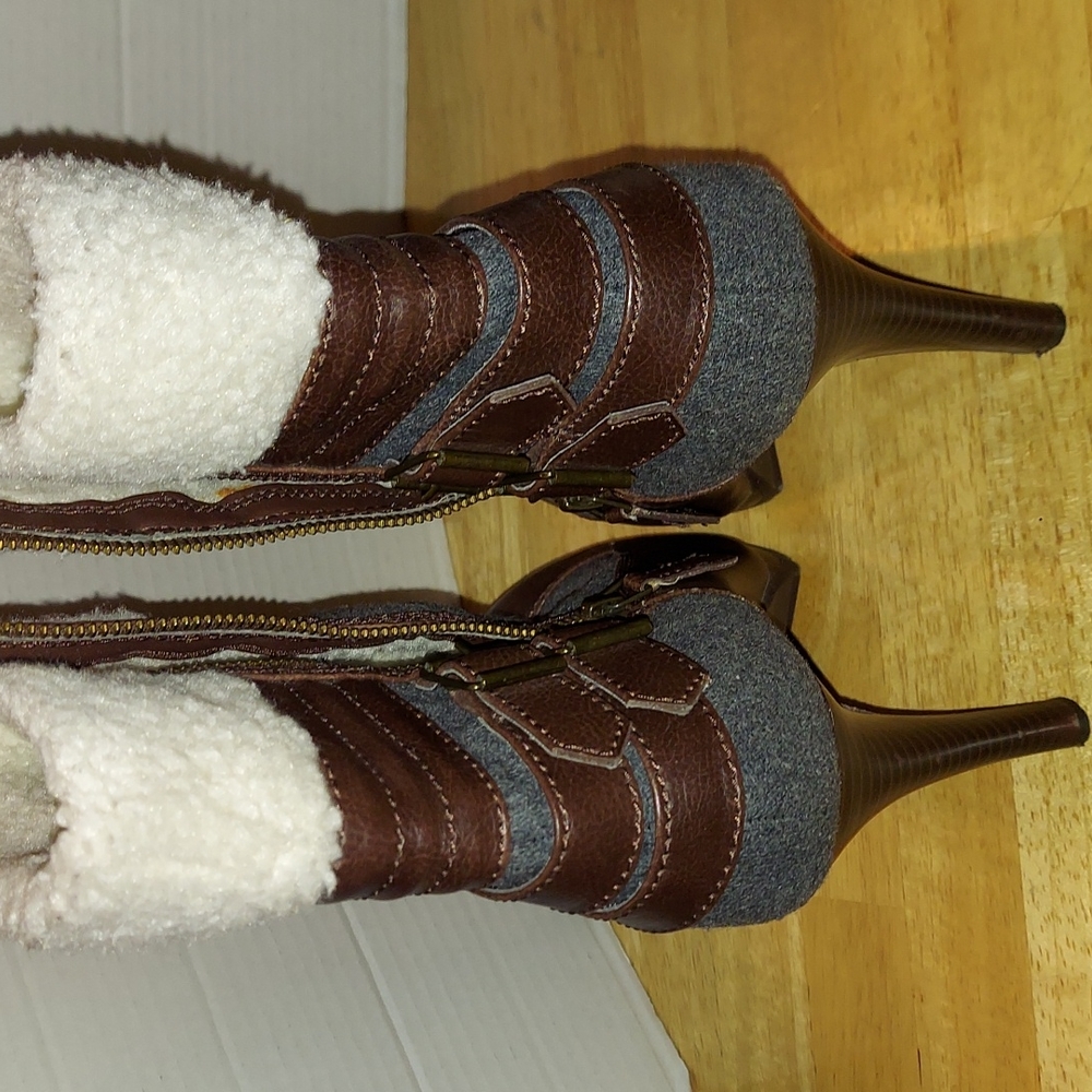 ELLE Heeled Boots Eldrewgrey Faux Sherpa Wool Gray Brown Heels Sz 8.5 - Picture 3 of 8
